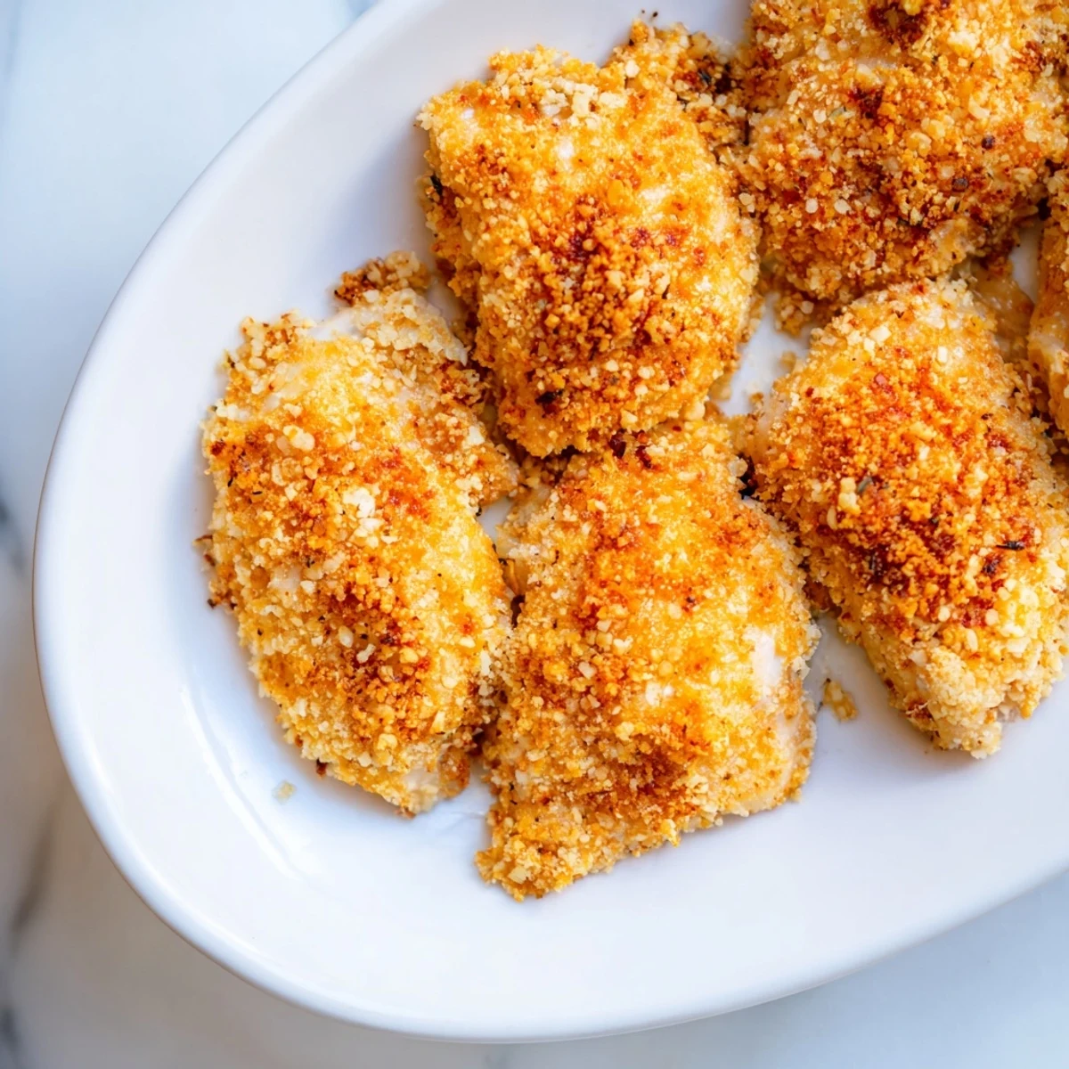 Four baked garlic Parmesan chicken breasts sit in a baking dish, showcasing a crispy golden crust and savory aroma, perfect with a side salad.  