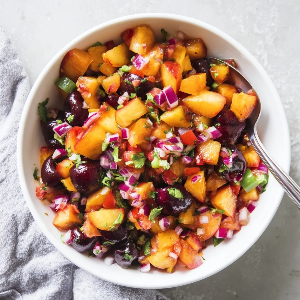 Healthy Peach Cherry Salsa in a rustic dish with fresh lime wedges and red onion, ready to eat.