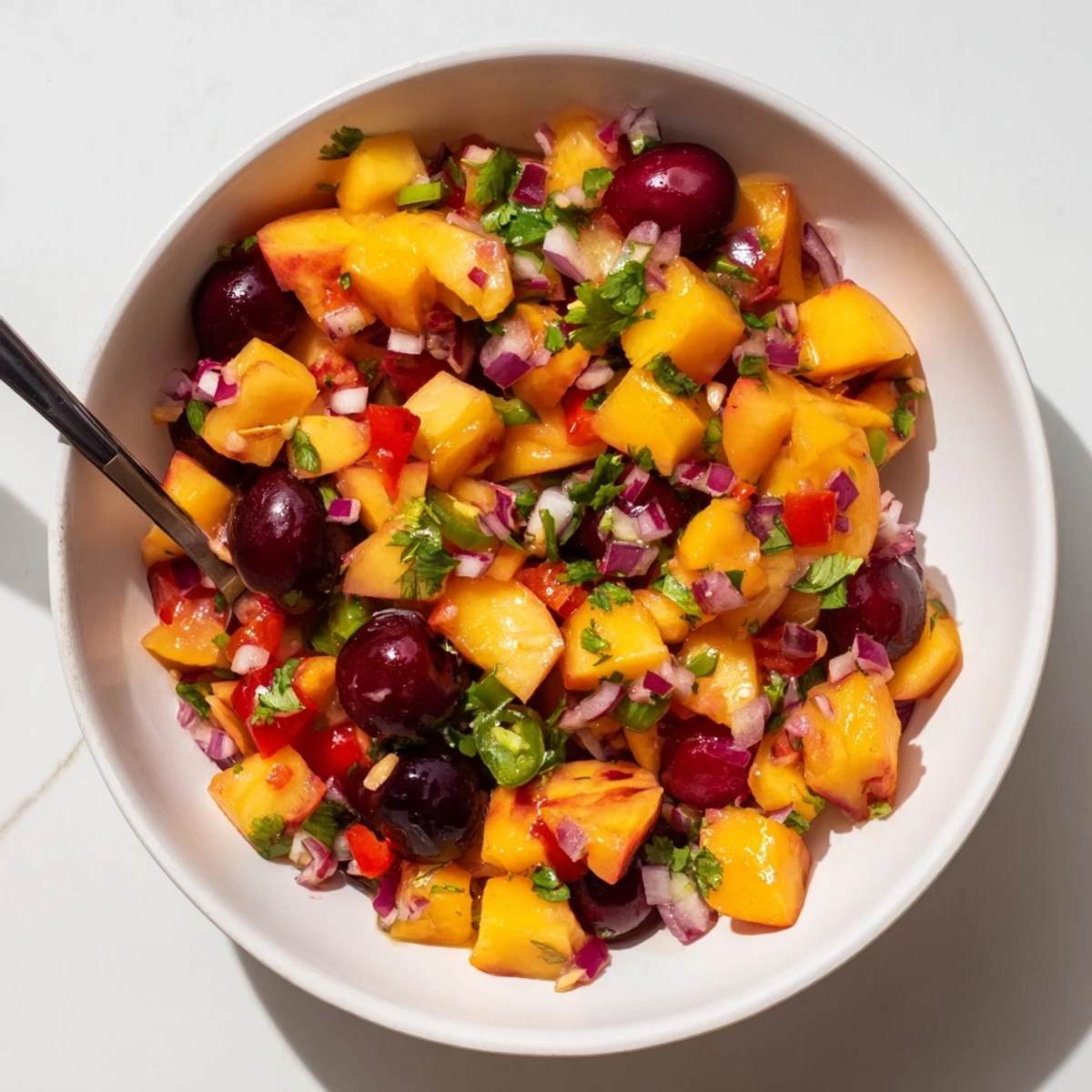 Colorful Healthy Peach Cherry Salsa topped with fresh herbs, perfect for dipping or topping grilled chicken.