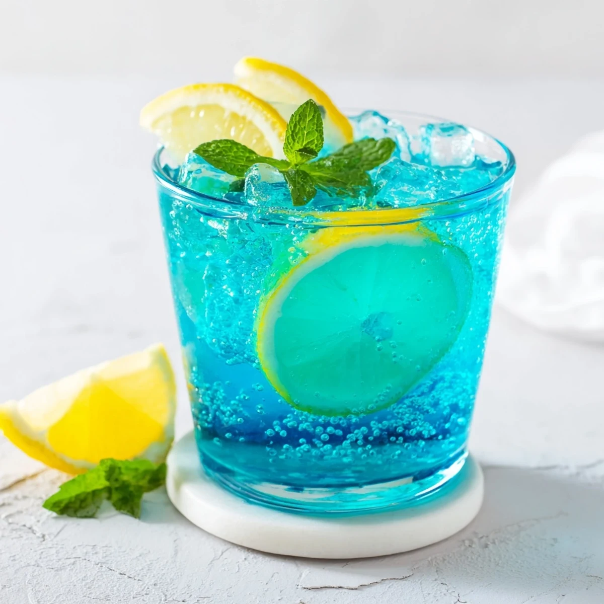 A glass of Blue Spirulina Lemonade with a bright blue color, lemon slices and mint garnish on a sunny table.