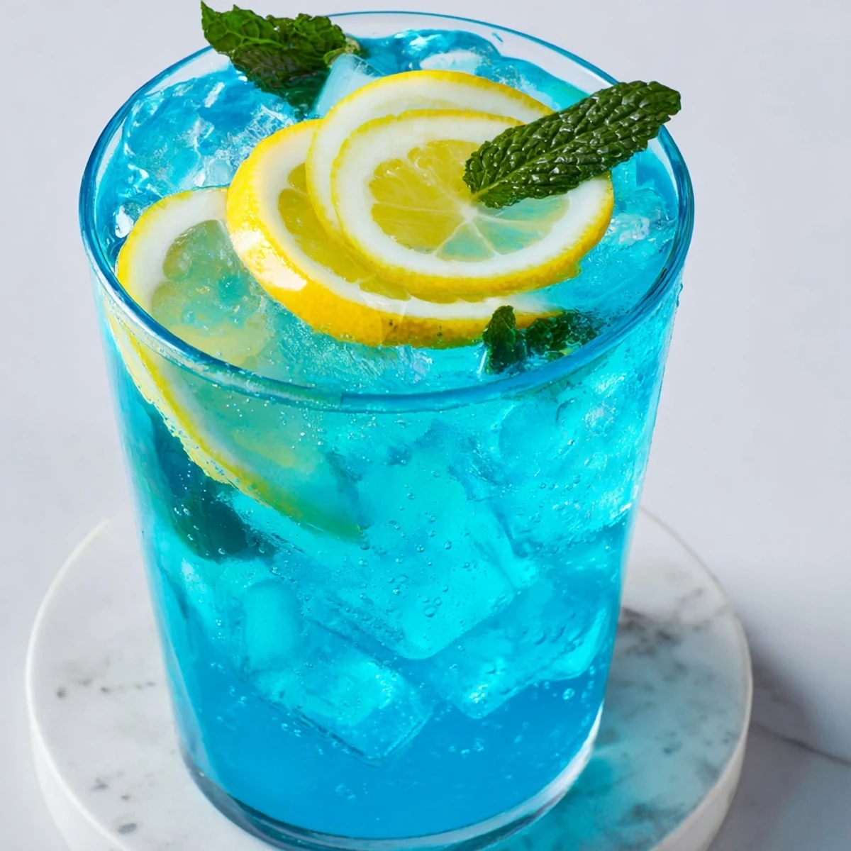 Close up of chilled Blue Spirulina Lemonade over ice with mint sprigs for a refreshing summer beverage presentation.