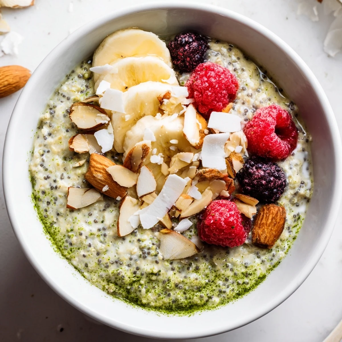 Creamy green Matcha Protein Overnight Oats layered in a jar with berries and coconut flakes.  
