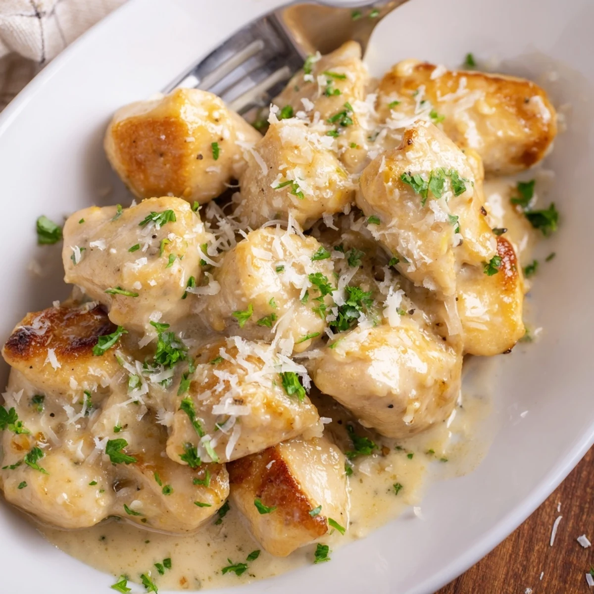 Golden seared chicken breasts nestled in a creamy lemon-Parmesan sauce, garnished with fresh parsley and served with roasted vegetables.