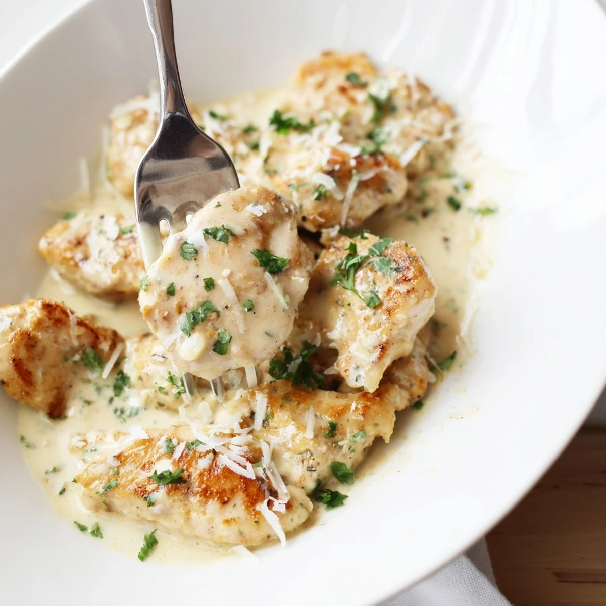 Creamy Parmesan Lemon Chicken on a white plate with a velvety citrus cream sauce and a side of steamed asparagus.