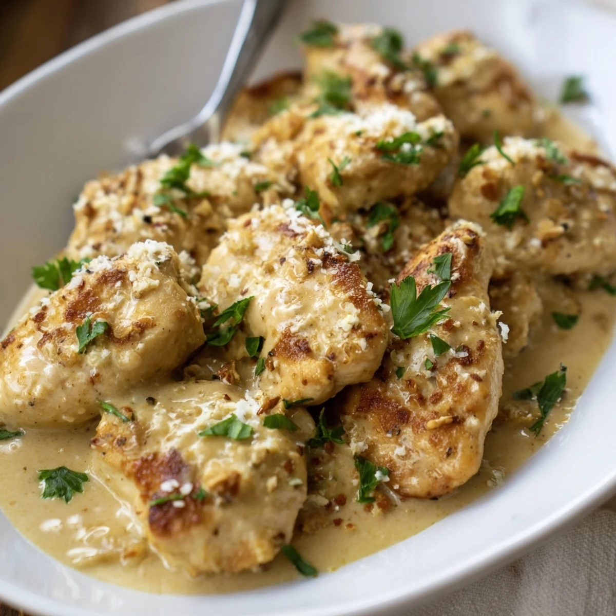 The Creamy Parmesan Lemon Chicken recipe features tender chicken bathed in a rich lemon-Parmesan cream sauce, ready for a family dinner.