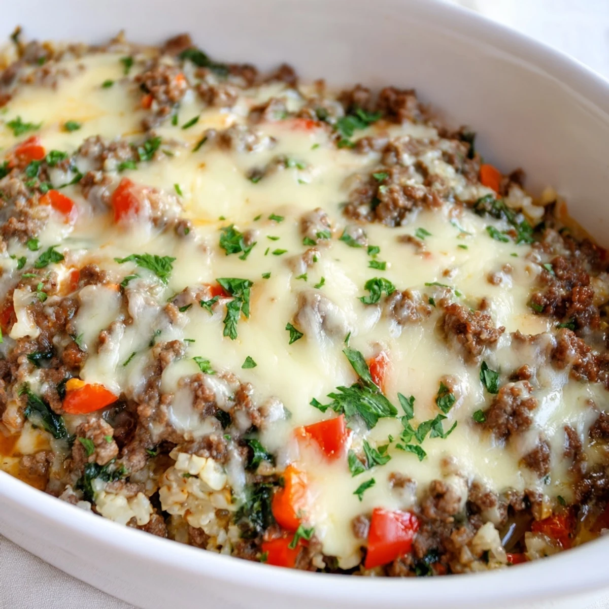 Golden bubbly cheese tops a hearty Ground Beef Casserole with Cauliflower Rice straight from the oven.  