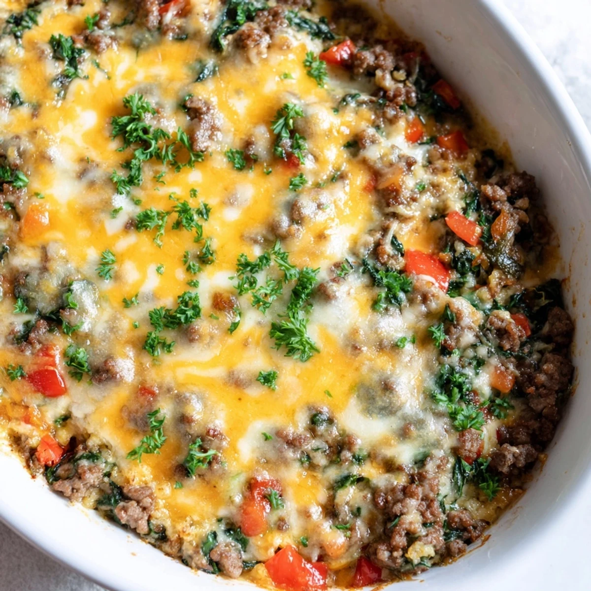 A close view of Ground Beef Casserole with Cauliflower Rice served on a white plate.  