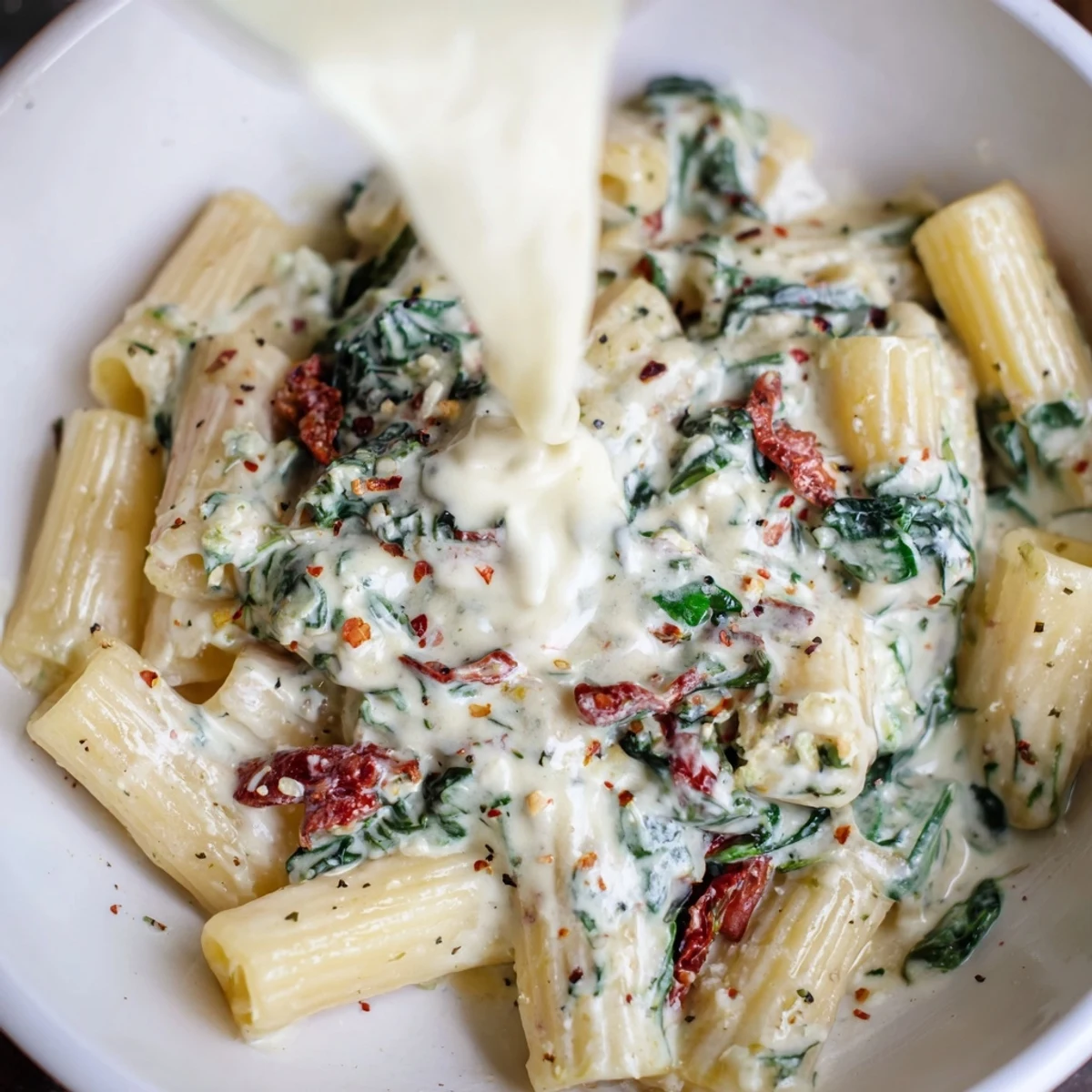 Creamy Tuscan Garlic Sauce steaming in a skillet with wilted spinach and sun-dried tomatoes.