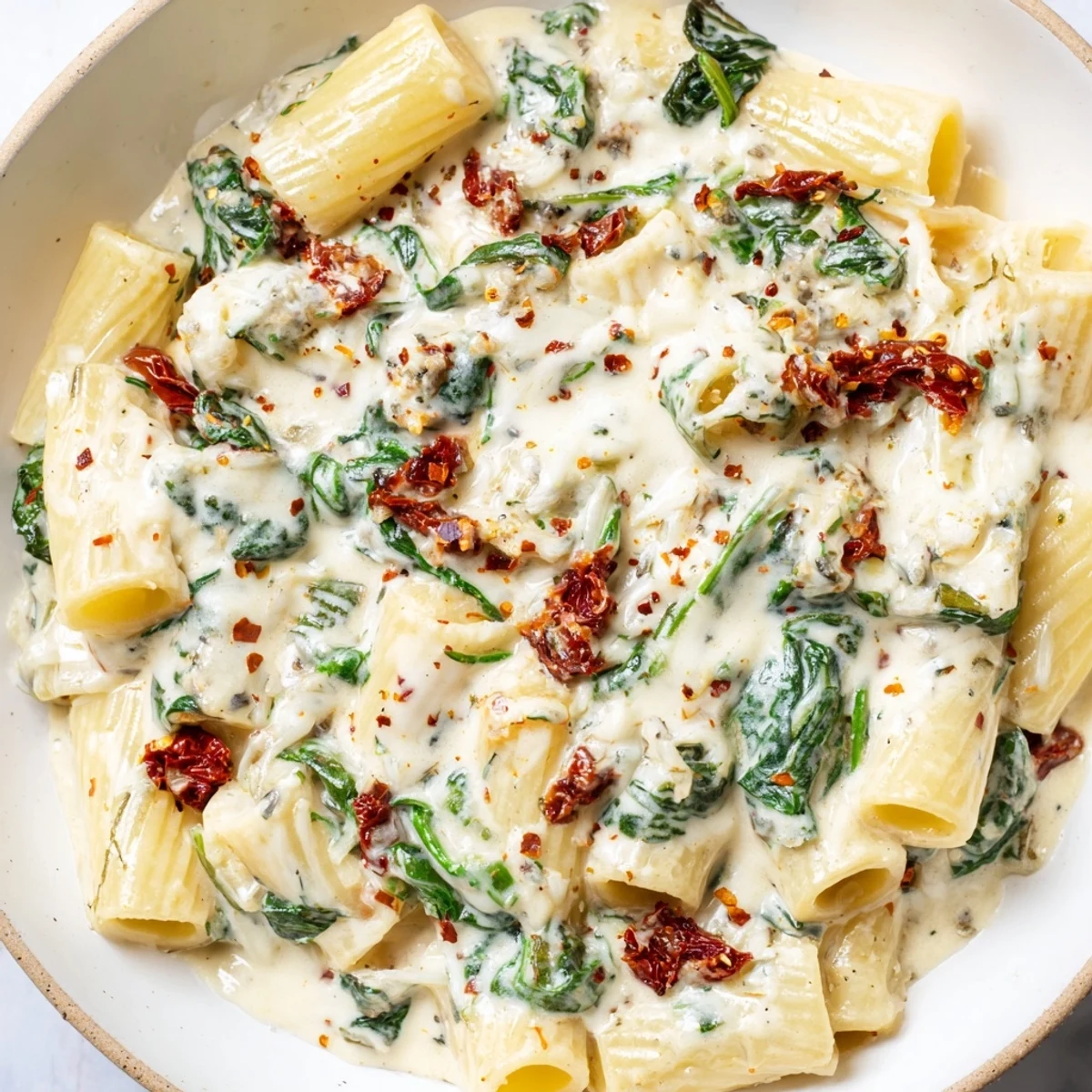 A bowl of Creamy Tuscan Garlic Sauce served over fettuccine with garlic bread nearby.