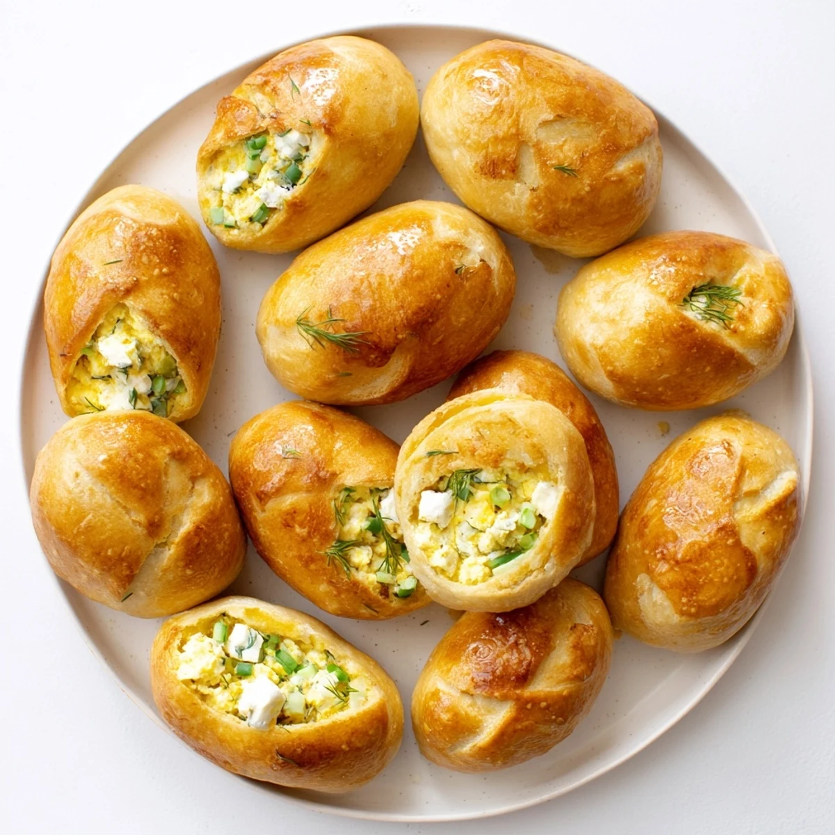 Golden-brown Cheesy Egg and Cheese Piroshki resting on a wooden board next to fresh dill, ready to serve as a savory snack.