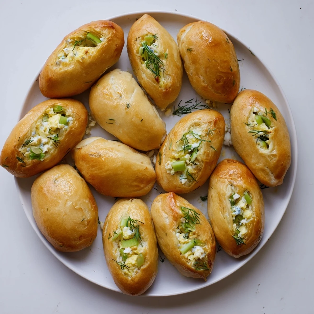 A tray of freshly baked Cheesy Egg and Cheese Piroshki with a flaky crust, showcasing the soft egg and cheese filling inside.