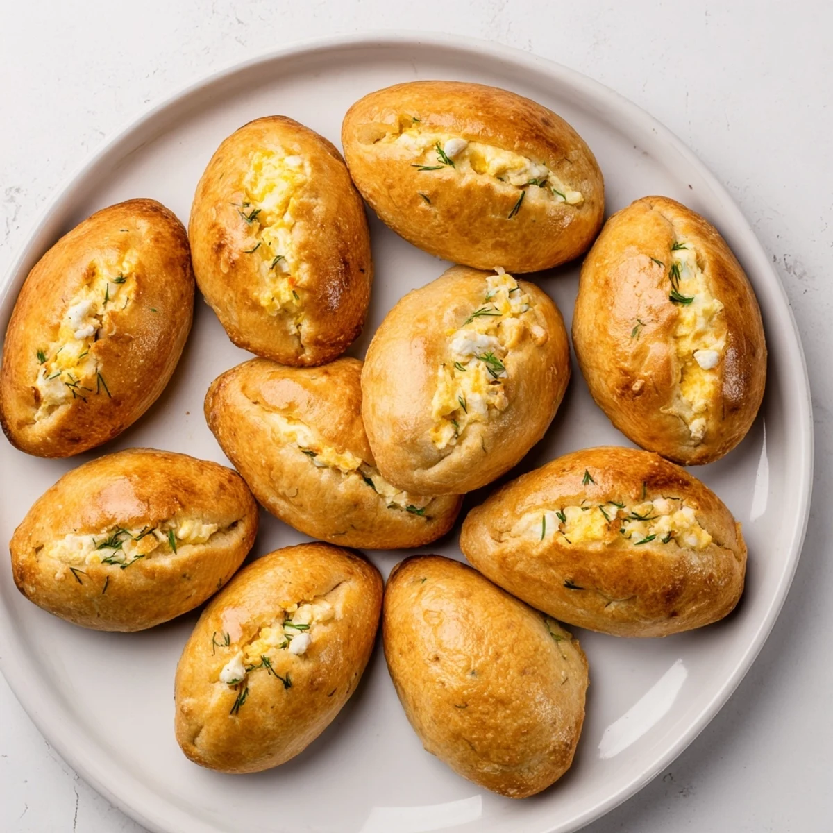 Homemade Cheesy Egg and Cheese Piroshki arranged on a white plate with a side of sour cream for dipping, warm from the oven.