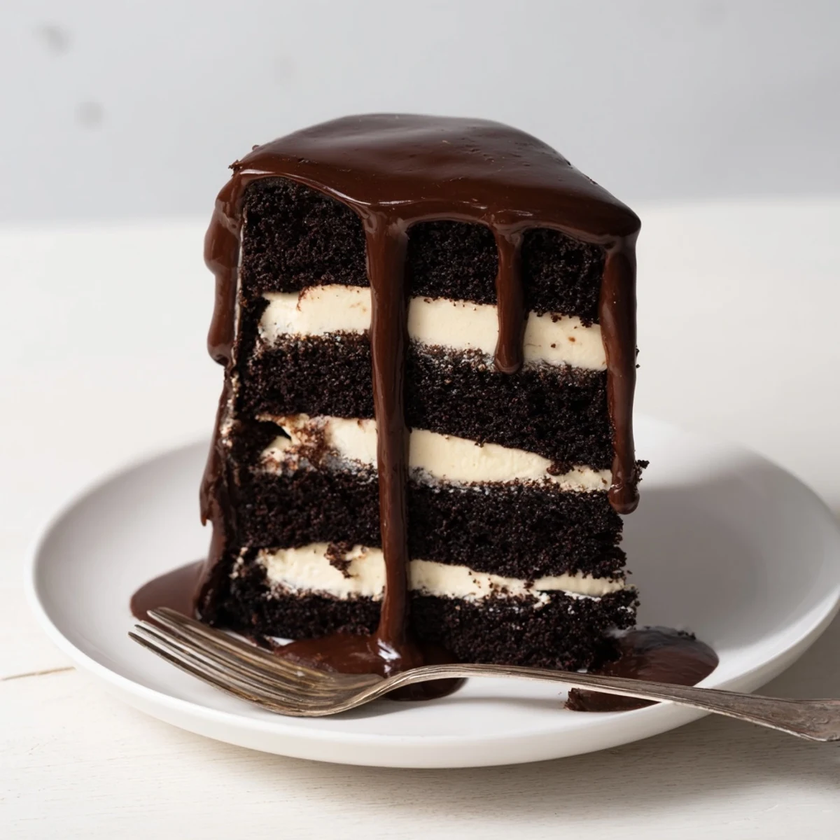 Triple Matilda Chocolate Cake with glossy ganache dripping down three stacked layers and creamy frosting between.