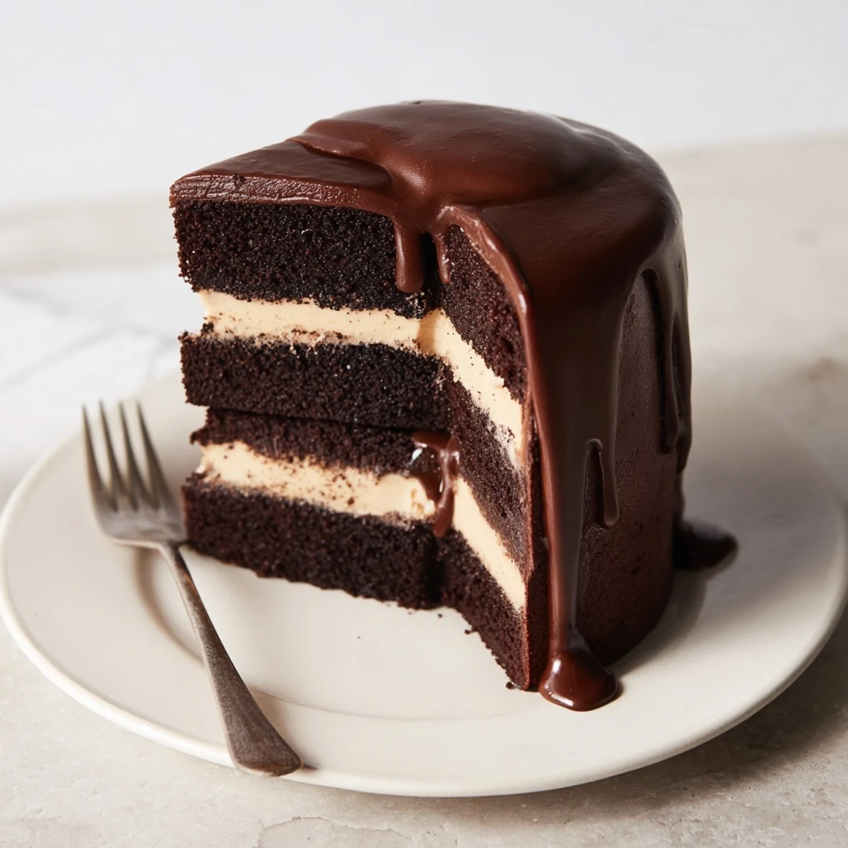 Decadent Triple Matilda Chocolate Cake with rich chocolate sponge, velvety frosting, and ganache drizzle for dessert.