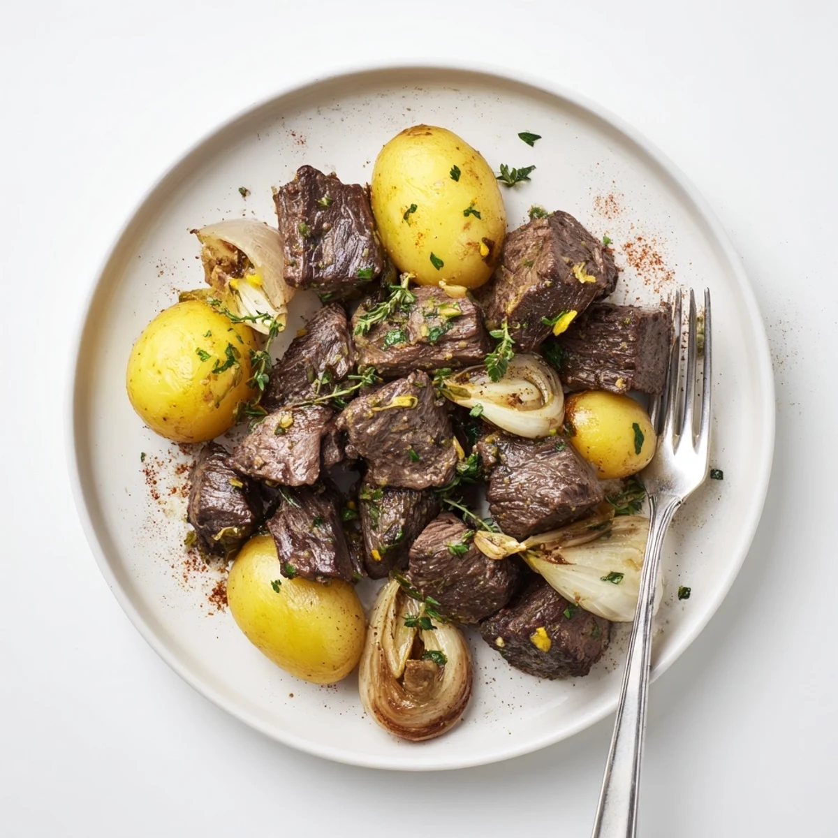 Slow cooker garlic butter beef with potatoes, fork-tender beef cubes in herb butter surrounding golden potatoes in a rustic serving dish.