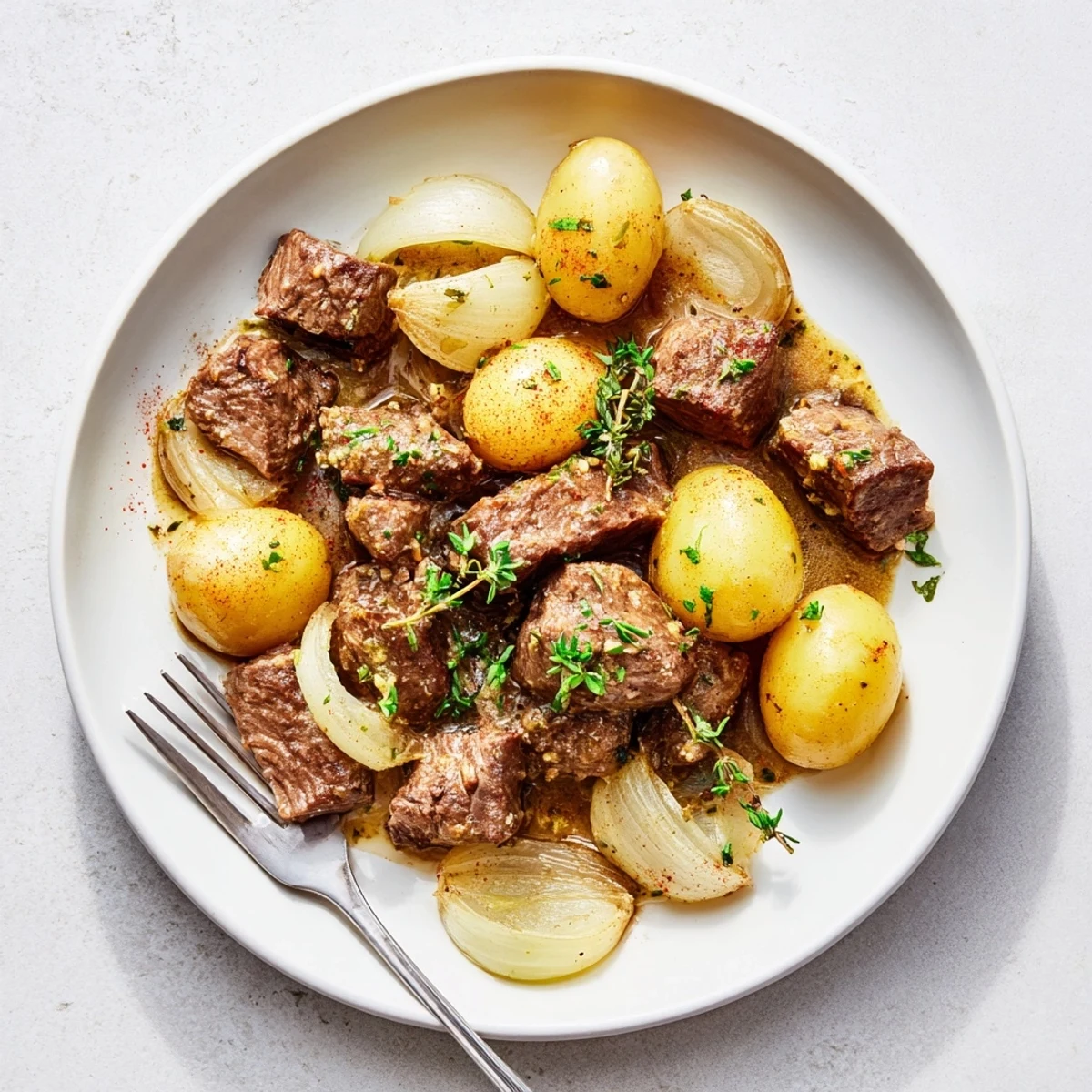 Slow cooker garlic butter beef with potatoes plated beside green beans, tender meat and potatoes glistening with savory garlic butter for an easy weeknight meal.