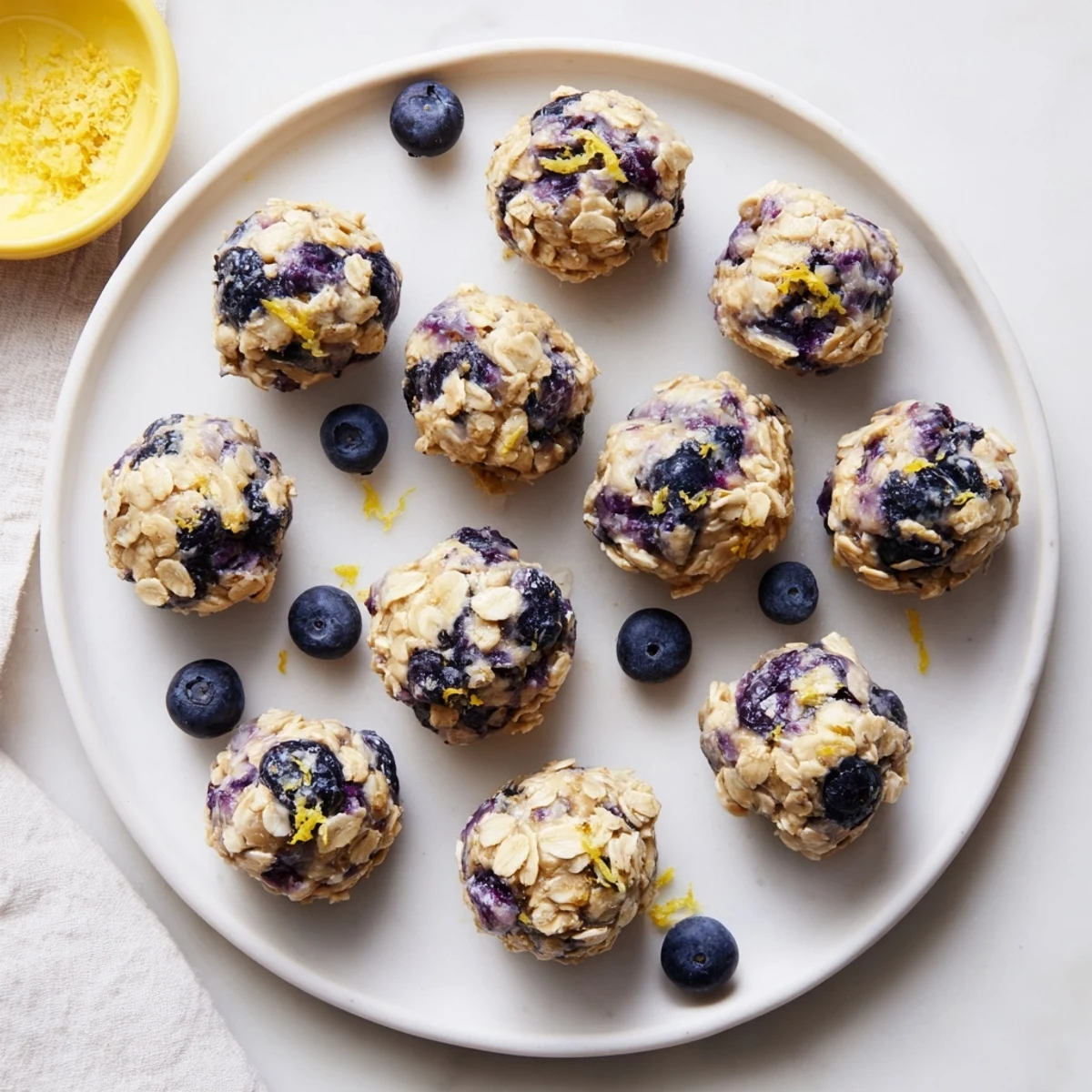Six Blueberry Cheesecake Protein Bites arranged neatly on a parchment-lined tray, showing their soft texture.