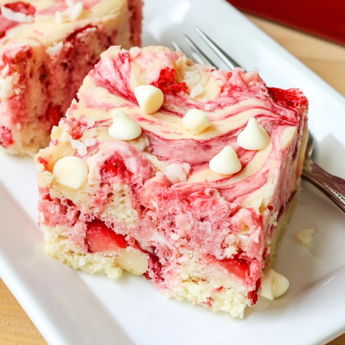 A close-up of Strawberry Earthquake Cake with gooey cheesecake swirls and melted white chocolate chips.