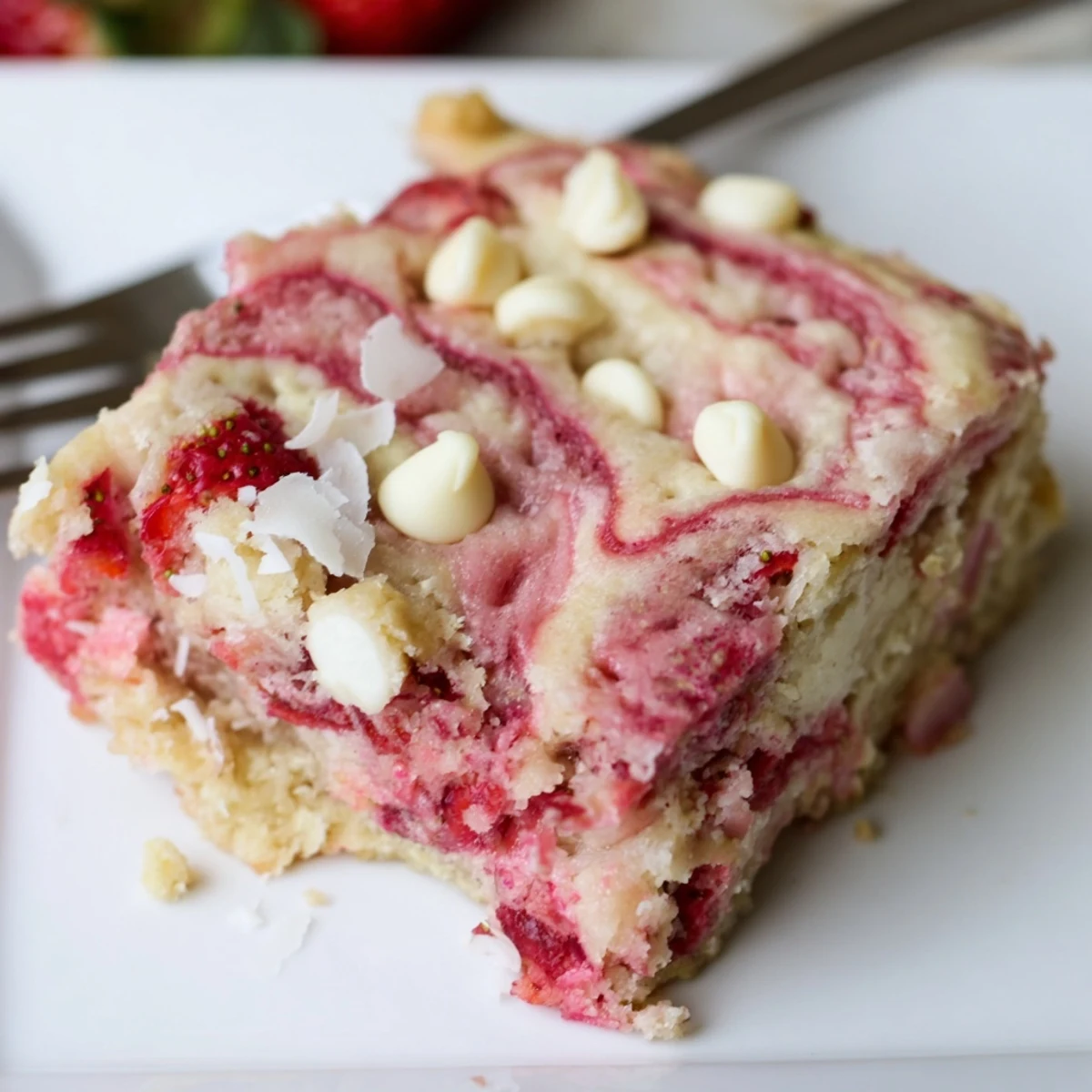 This slice of Strawberry Earthquake Cake shows fresh strawberry pieces and shredded coconut on a marble pan.