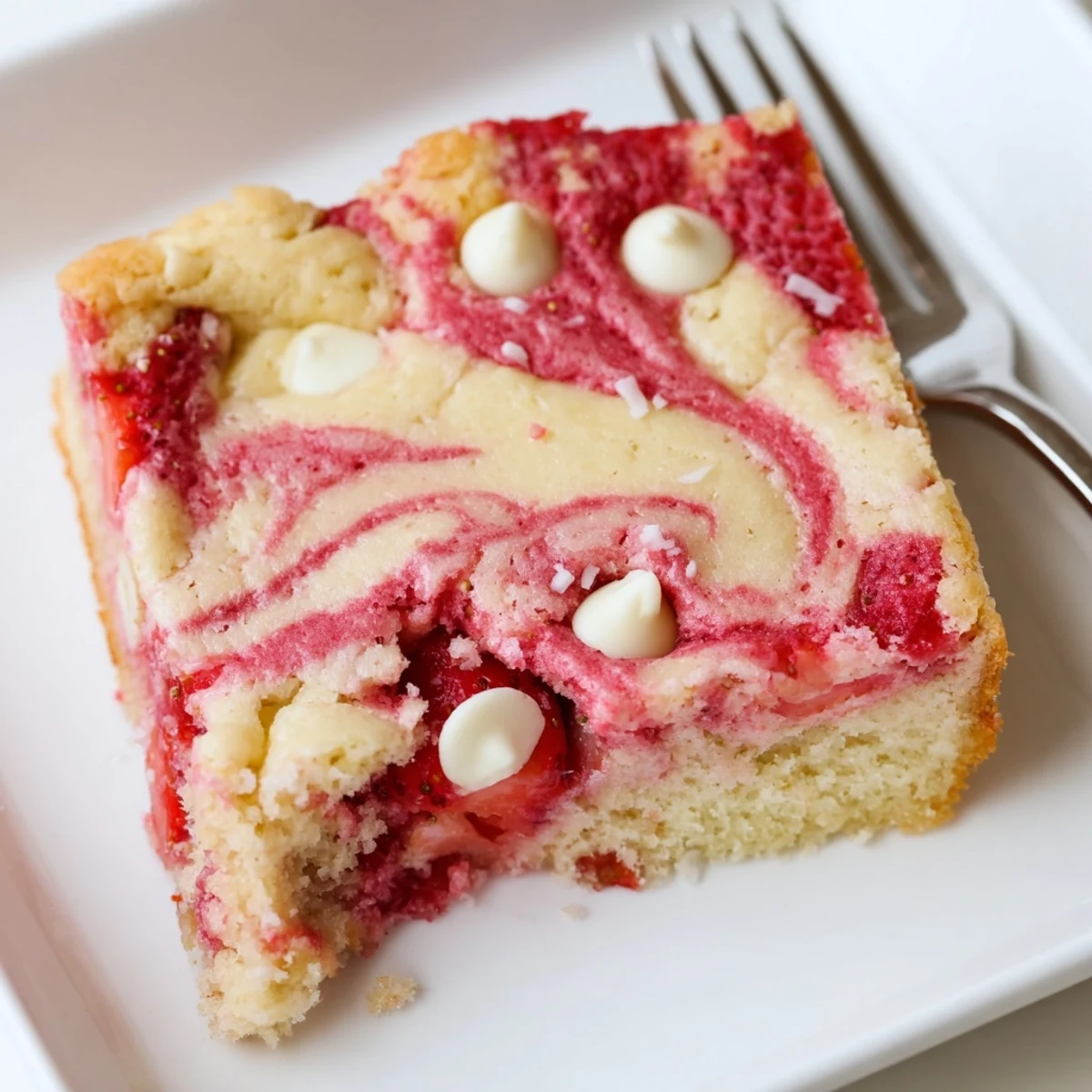 Warm Strawberry Earthquake Cake with creamy cream cheese filling and a decadent molten center on a wooden board.