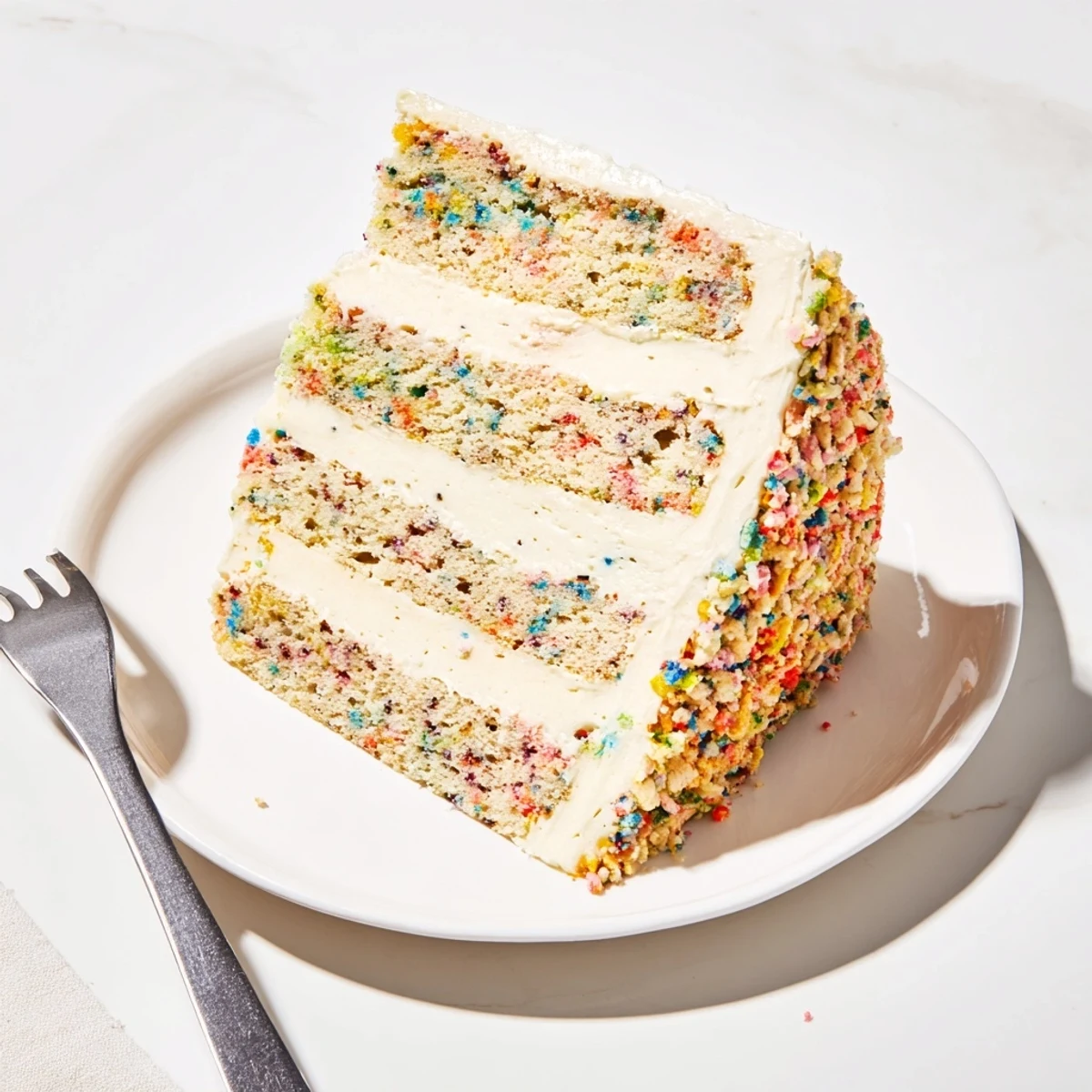 A slice of Milk Bar Birthday Cake shows moist vanilla sponge, creamy frosting, and crunchy crumb sprinkles, perfect for a celebration.