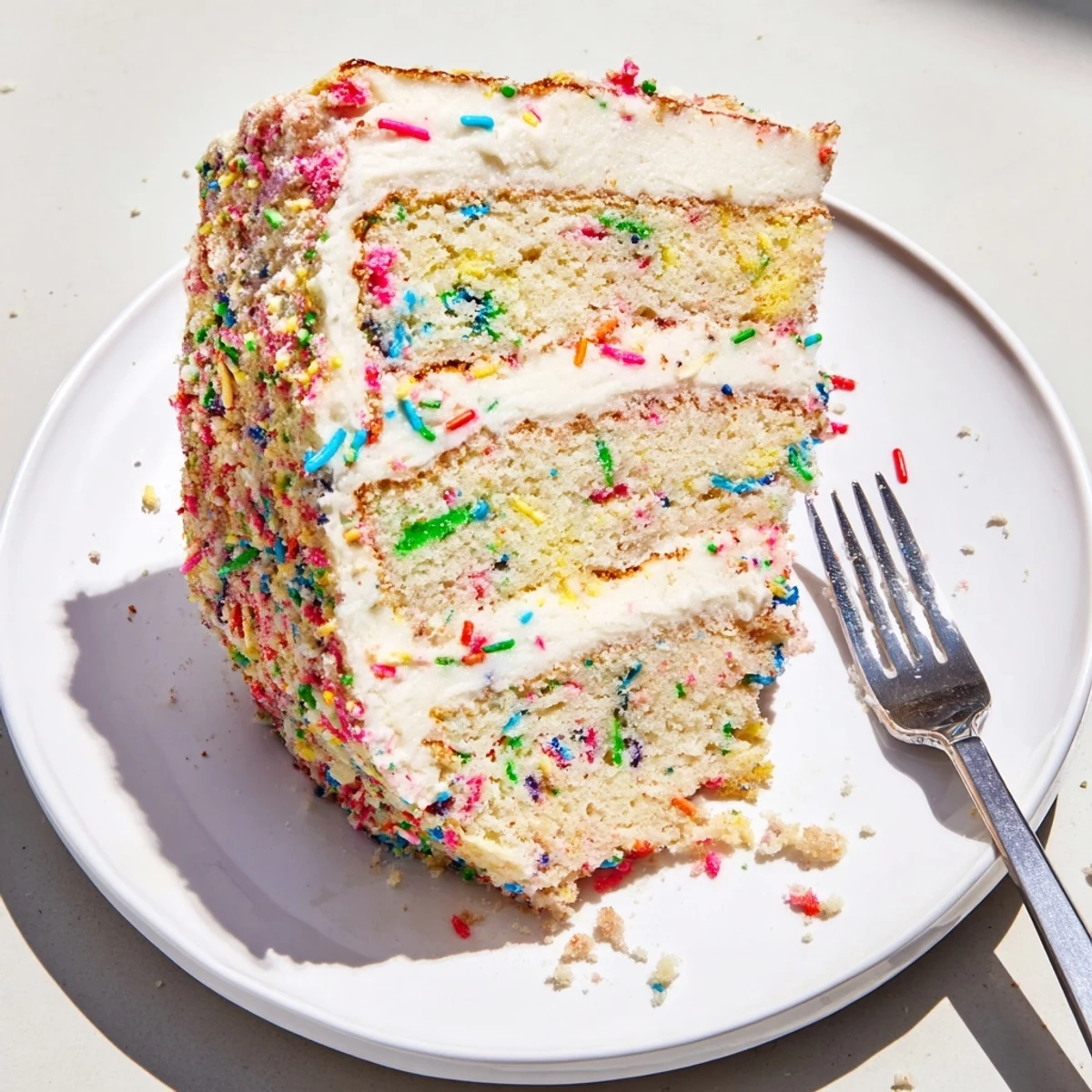 Milk Bar Birthday Cake features layered vanilla sponge, smooth frosting, and rainbow sprinkles, plated ready to serve at a birthday party.