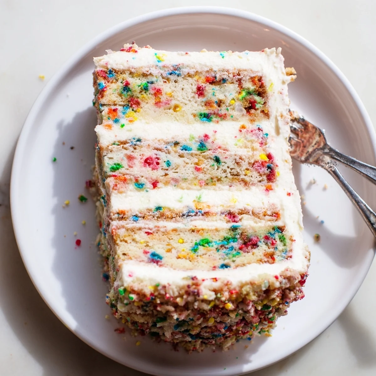 This close-up of Milk Bar Birthday Cake reveals moist cake layers, creamy frosting, and crumb texture, ideal for a funfetti dessert lovers.