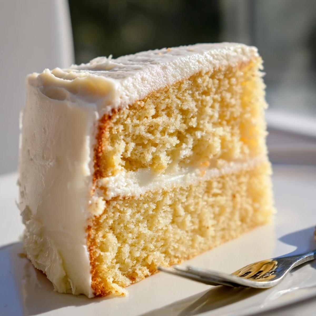 A perfectly stacked slice of moist Perfect Vanilla Cake with creamy buttercream frosting, ready to serve at a birthday celebration.