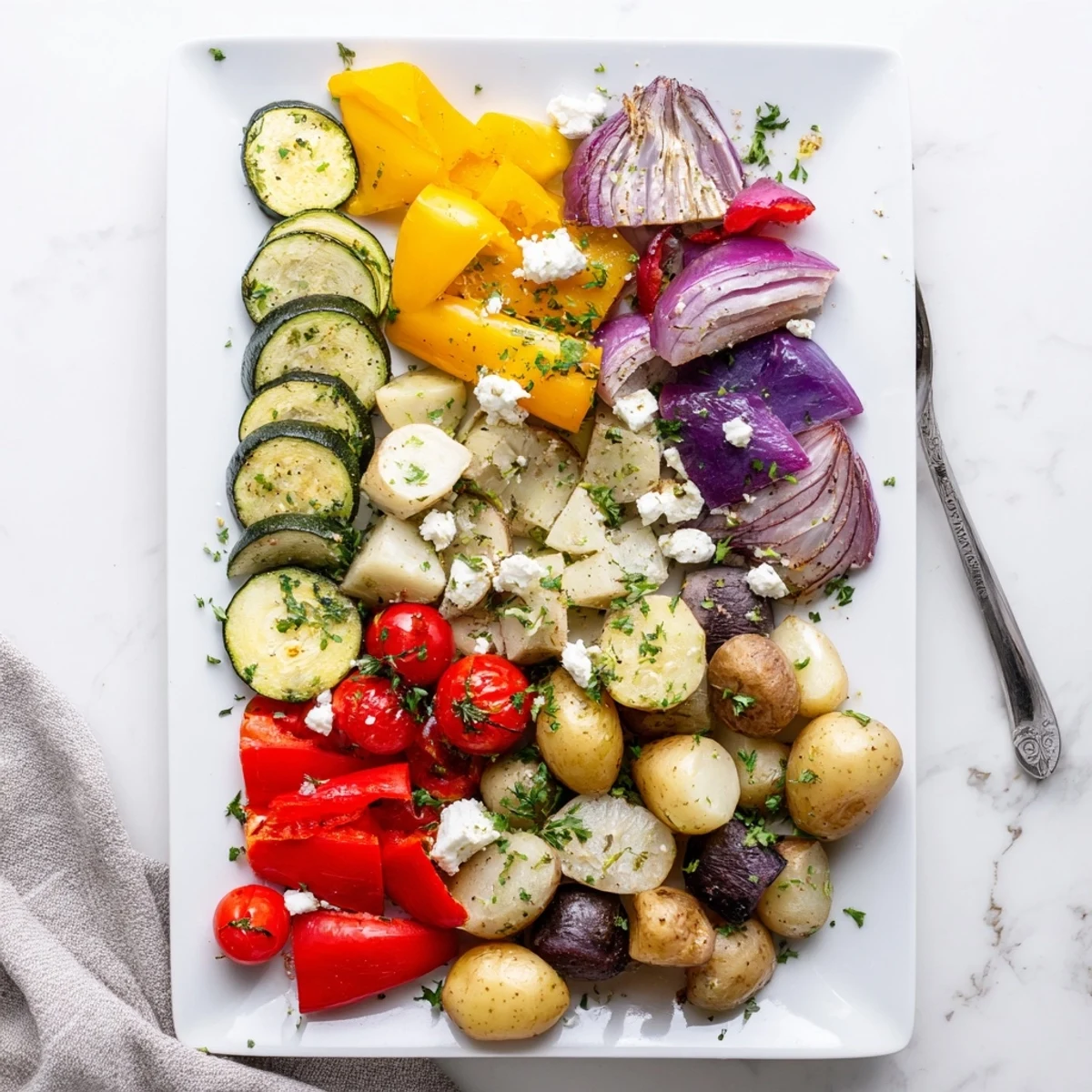 Freshly roasted One Pan Greek Vegetables with zucchini and bell peppers on a baking sheet.