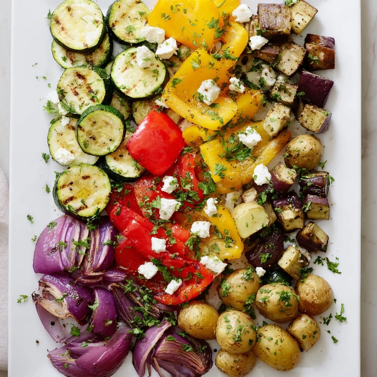 Sizzling One Pan Greek Vegetables served warm with lemon wedges on a ceramic platter.