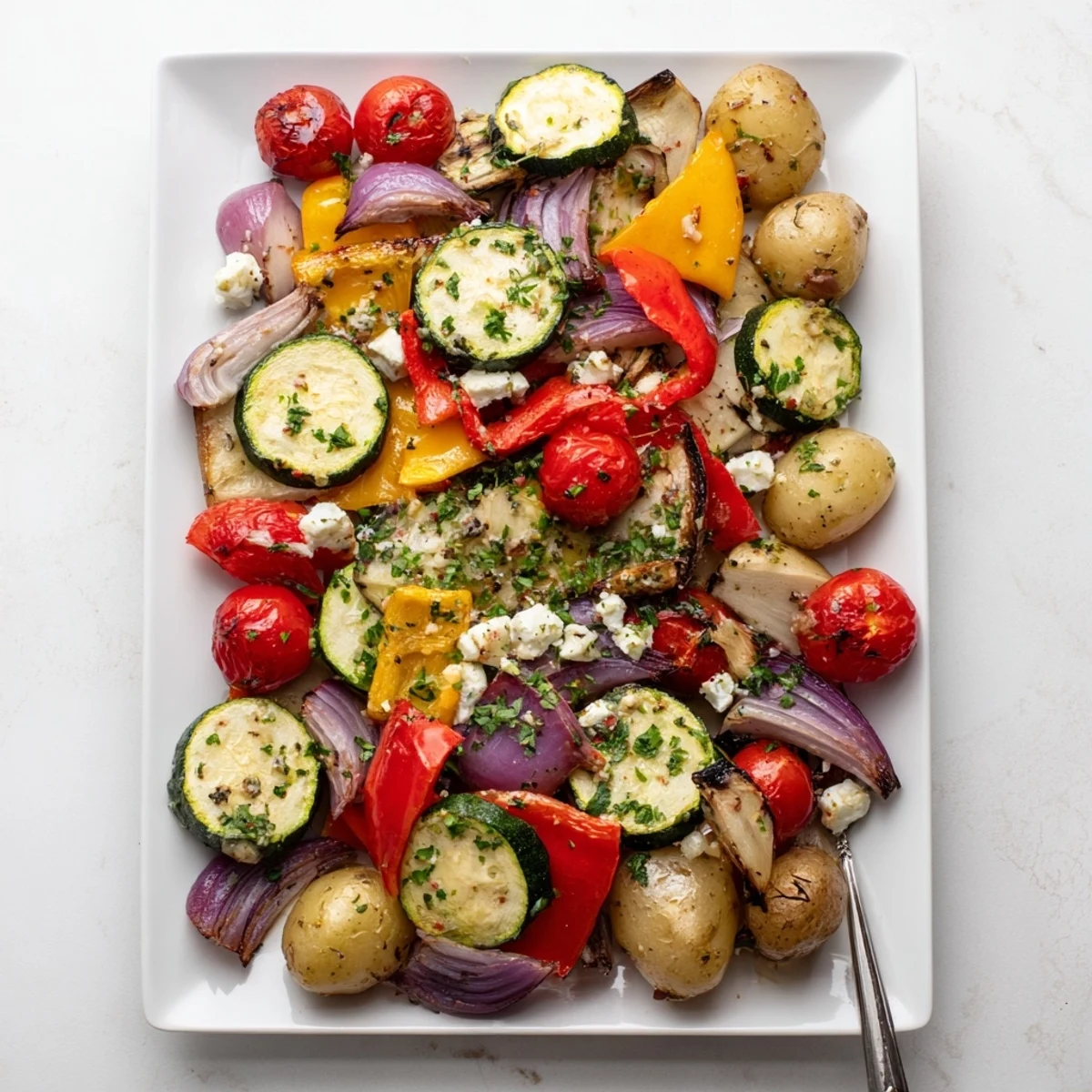 A close-up of One Pan Greek Vegetables topped with crumbled feta and fresh parsley.