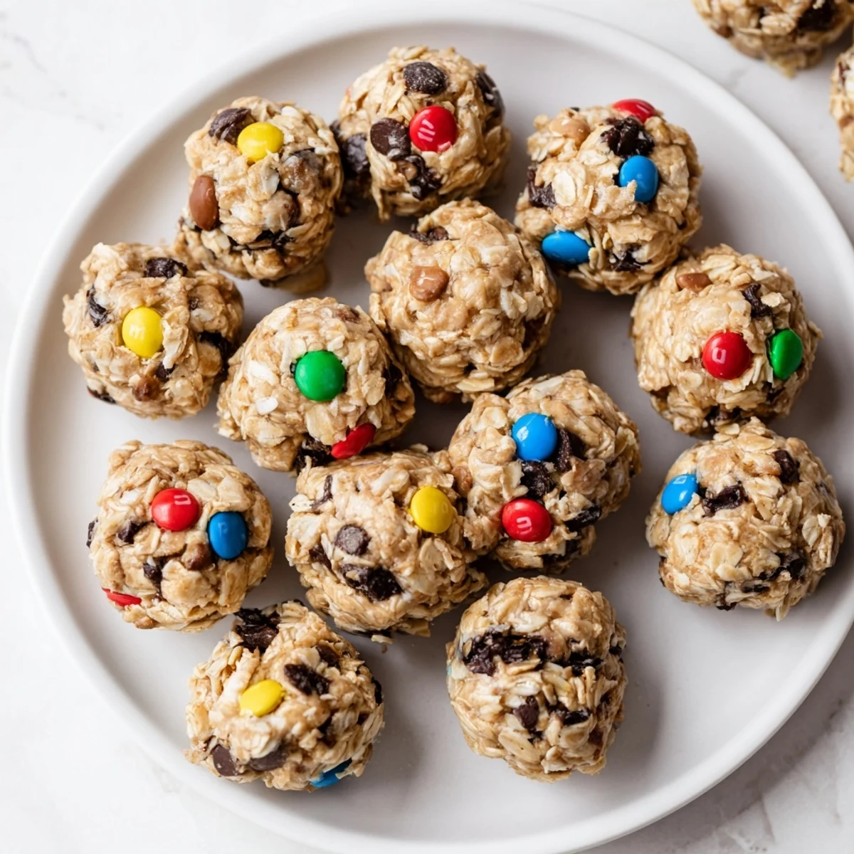 Rolled oats and peanut butter shaped into Monster Cookie Protein Balls studded with chocolate and M&Ms.
