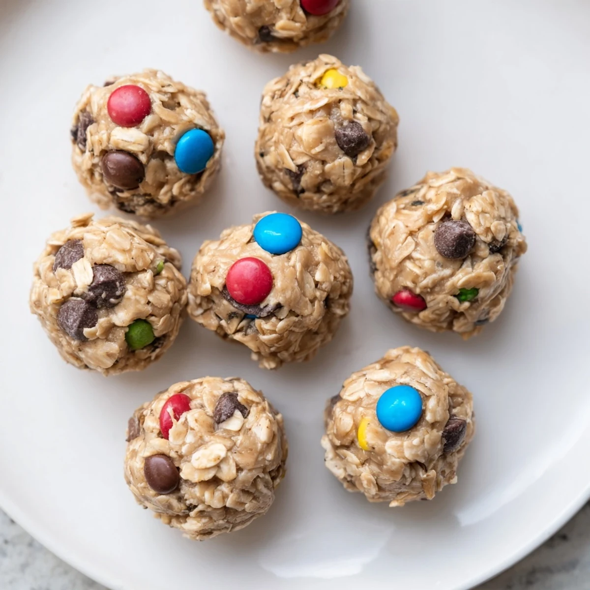 Plate of chilled Monster Cookie Protein Balls with extra chocolate chips and honey drizzle for serving.