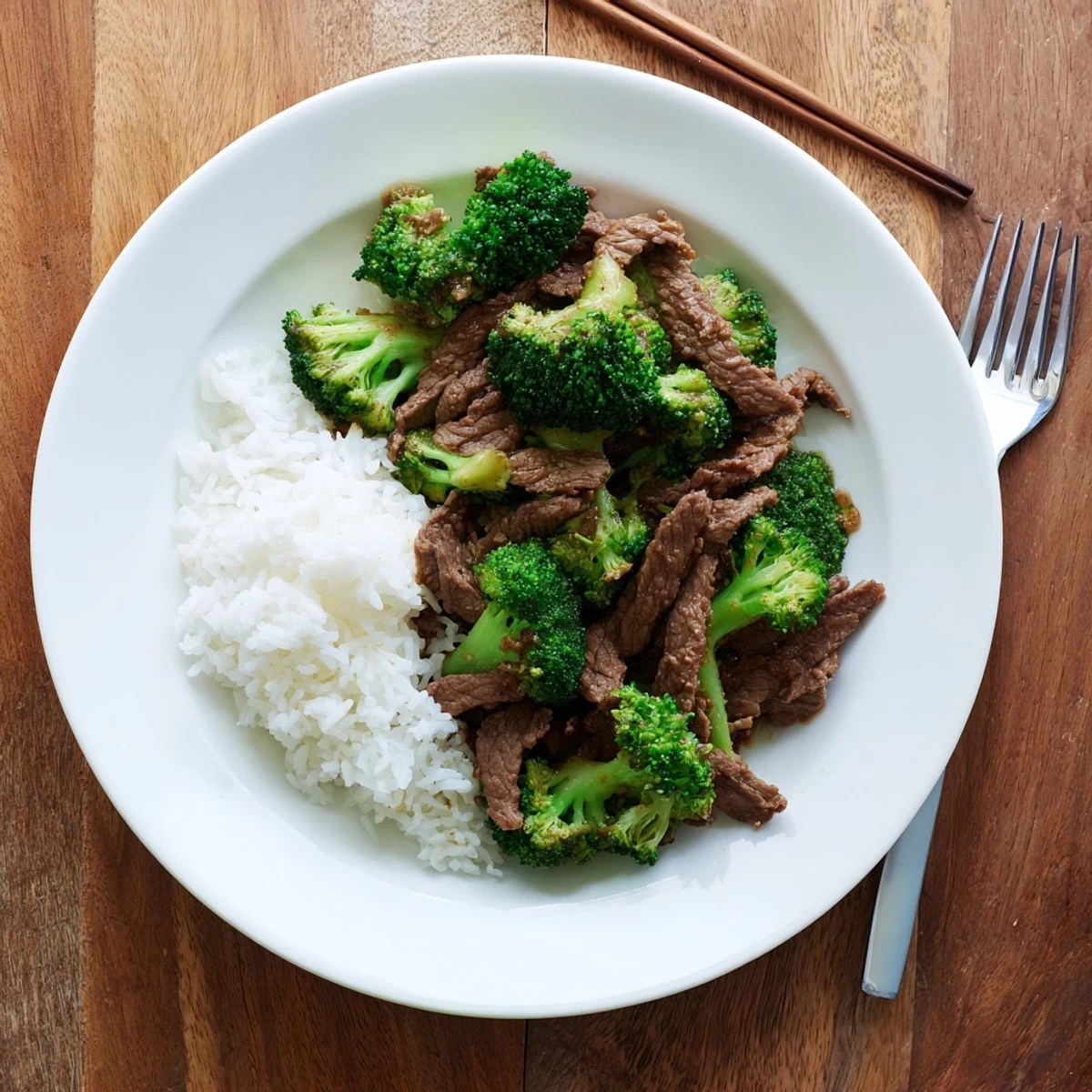 Steamed rice and chopsticks pair with Better Than Takeout Beef With Broccoli for a quick weeknight dinner.