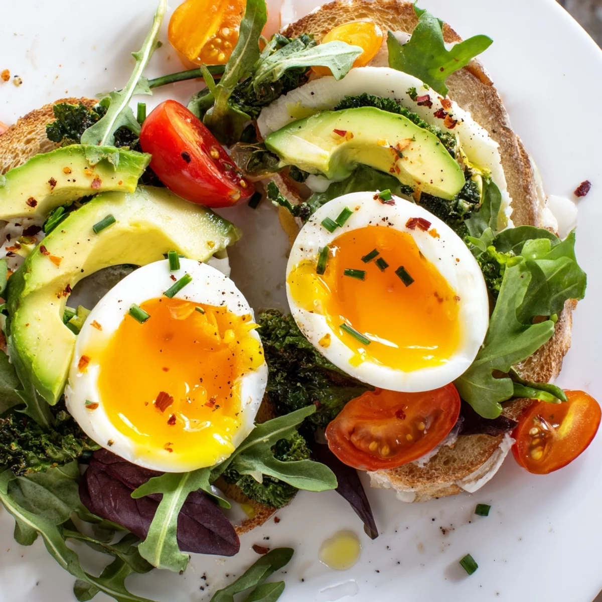 Protein-packed breakfast plate featuring runny yolk eggs, toasted sourdough, and vibrant mixed salad greens with cherry tomatoes