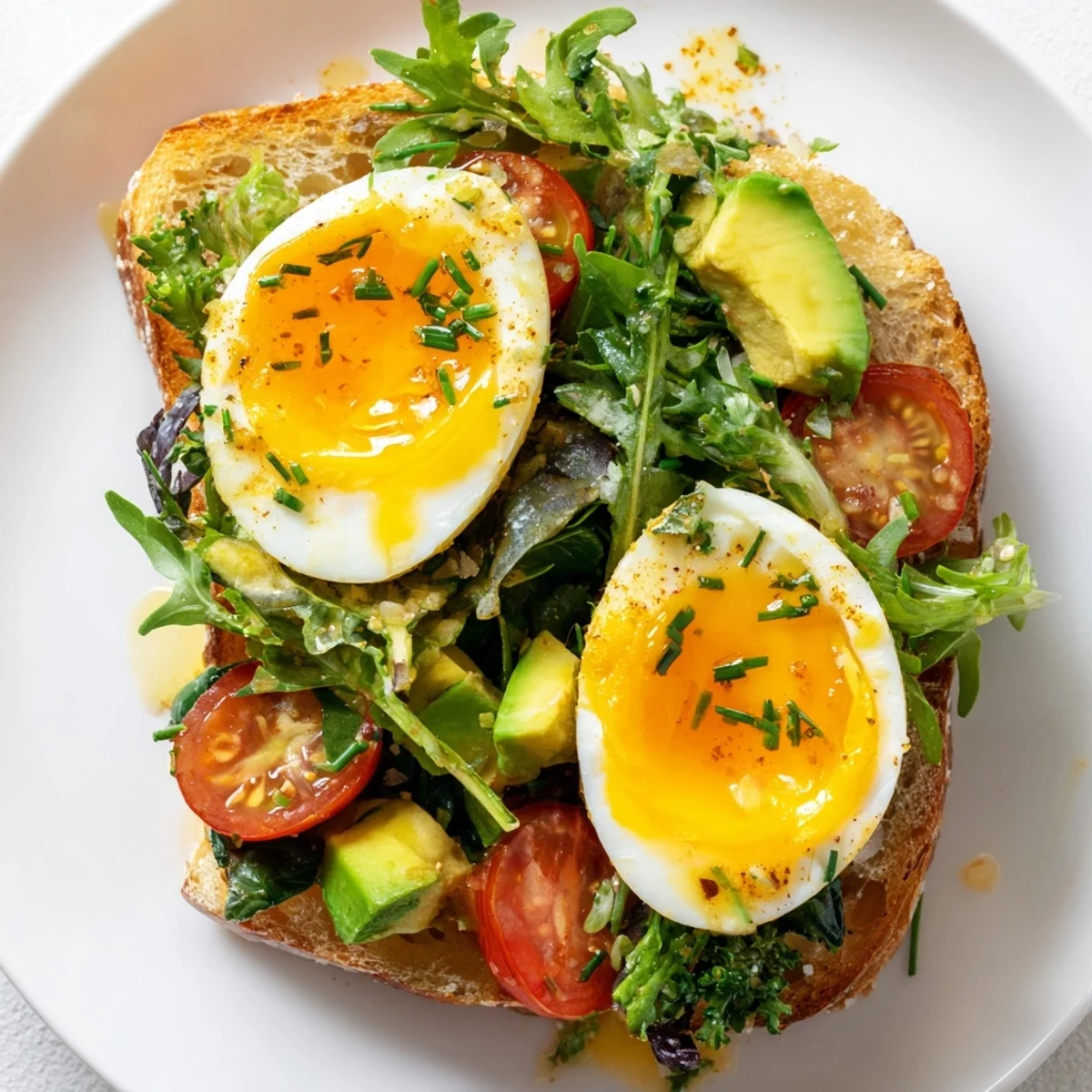 Golden soft-boiled eggs nestled atop crisp artisan toast with fresh dressed greens and ripe avocado slices