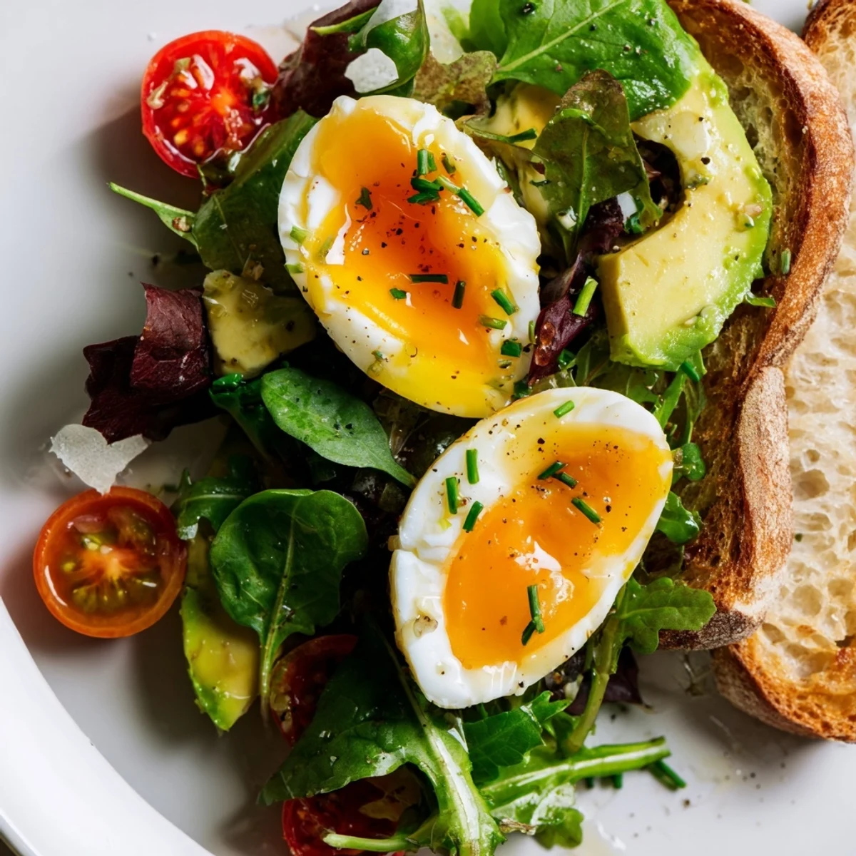Wholesome morning meal with soft eggs, golden bread, fresh arugula spinach blend, and creamy avocado garnished with chives
