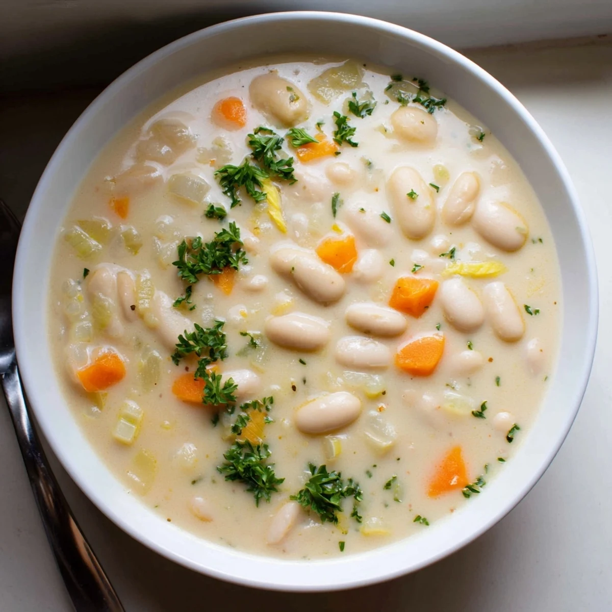 Steaming bowl of cozy white bean soup with rosemary sprig and garlic bread