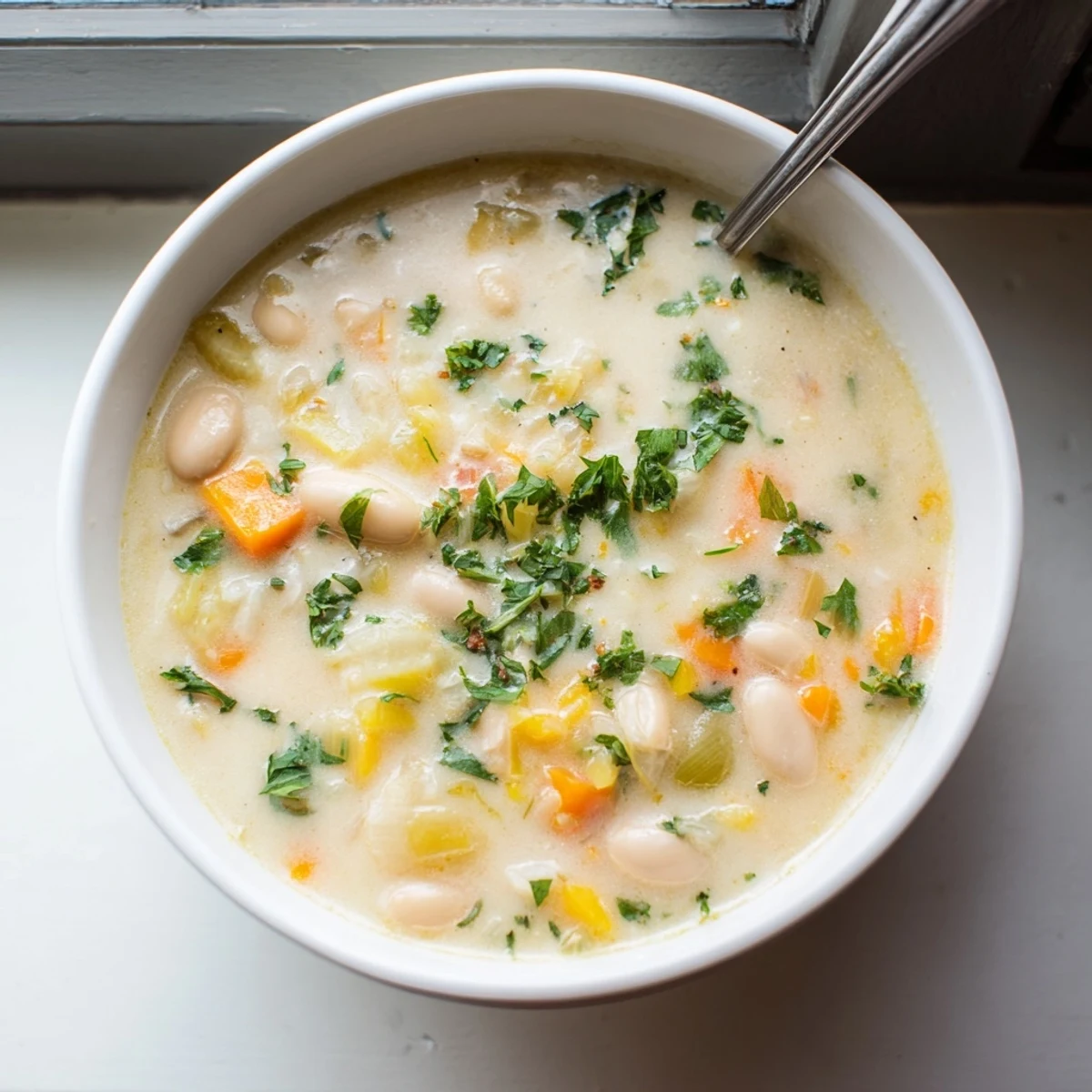 Rustic Mediterranean soup featuring tender white beans, aromatic rosemary, and golden olive oil drizzle