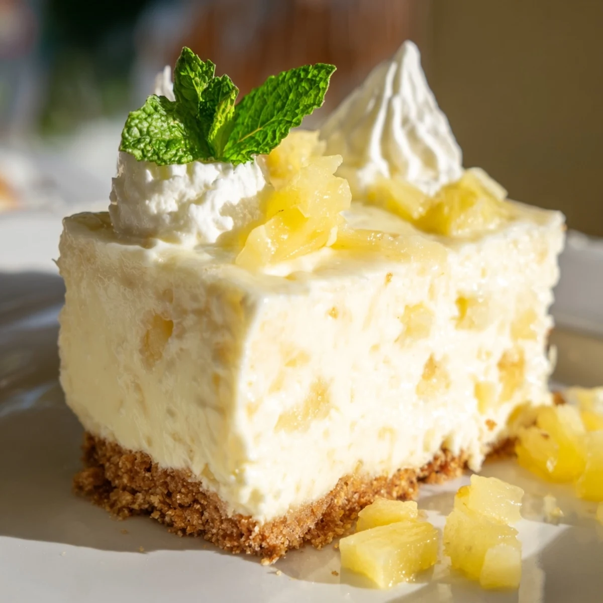 Creamy no bake pineapple cheesecake slice topped with juicy crushed pineapple and fresh mint garnish on white plate
