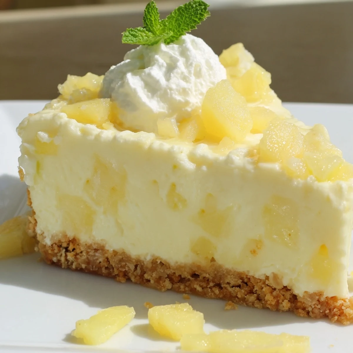 Golden graham cracker crust beneath smooth pineapple infused cheesecake filling topped with whipped cream swirl