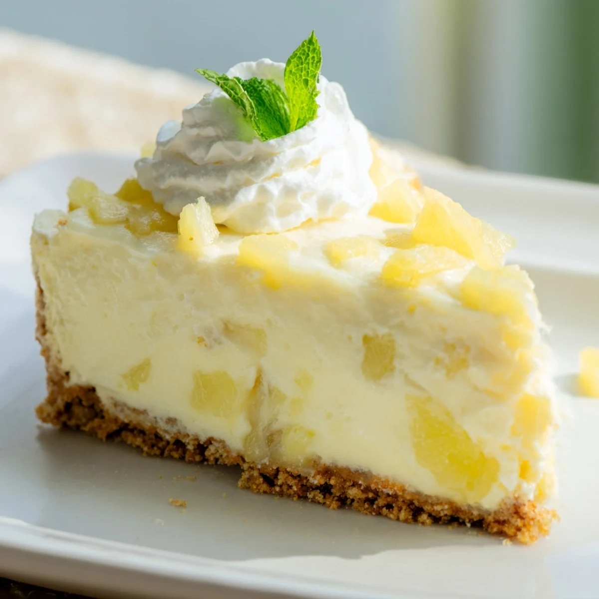 Slice of tropical no bake pineapple cheesecake showing tangy pineapple chunks in creamy white filling