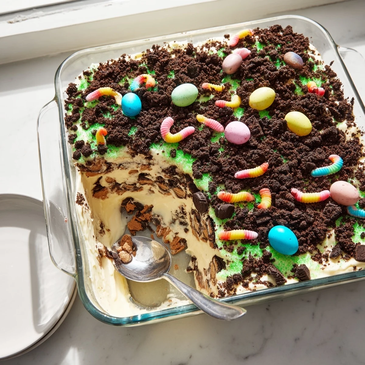 Whimsical Easter Dirt Cake Casserole displayed in a glass dish with pastel candy eggs and green coconut grass