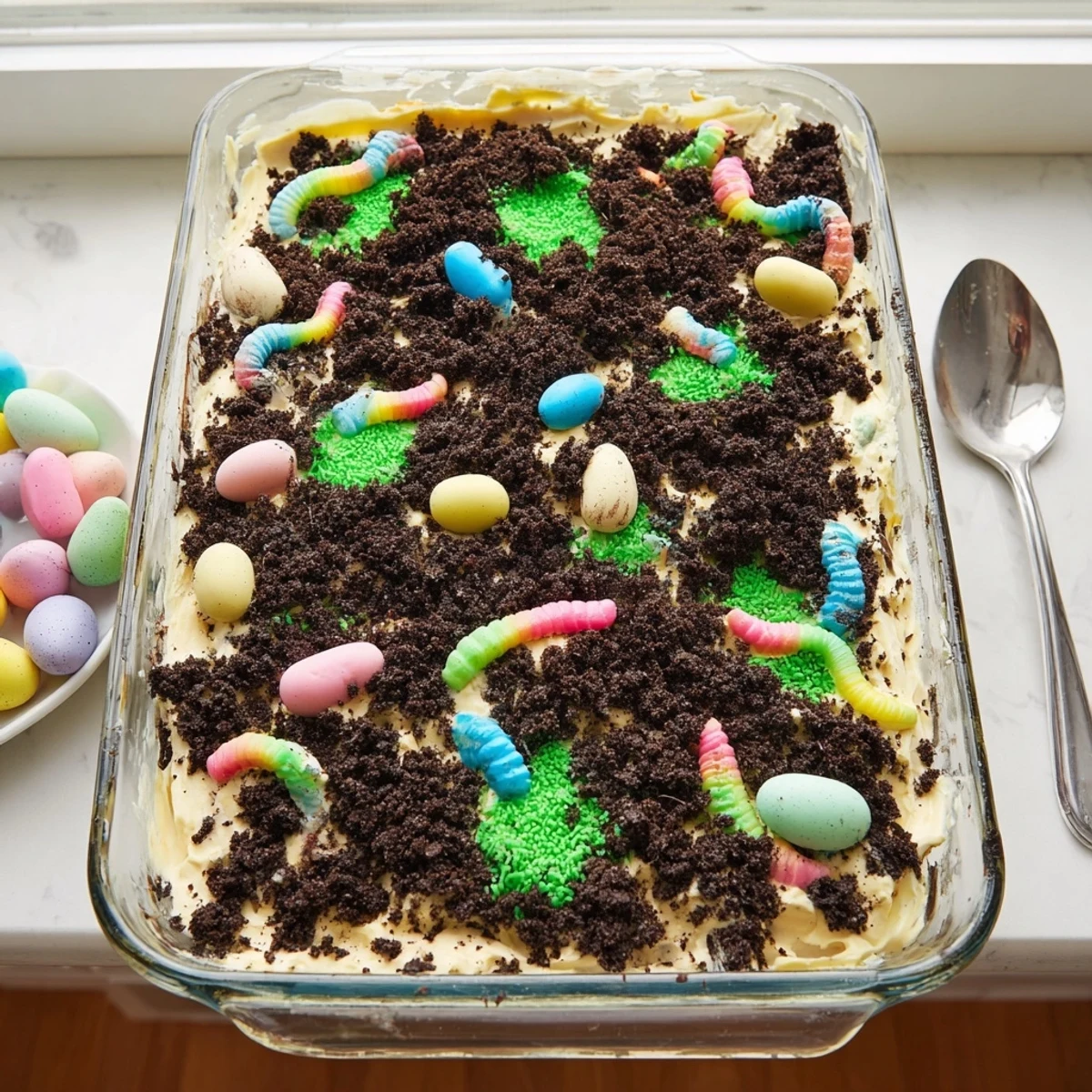 Easter Dirt Cake Casserole with creamy pudding layers topped with crushed Oreos and colorful gummy worms