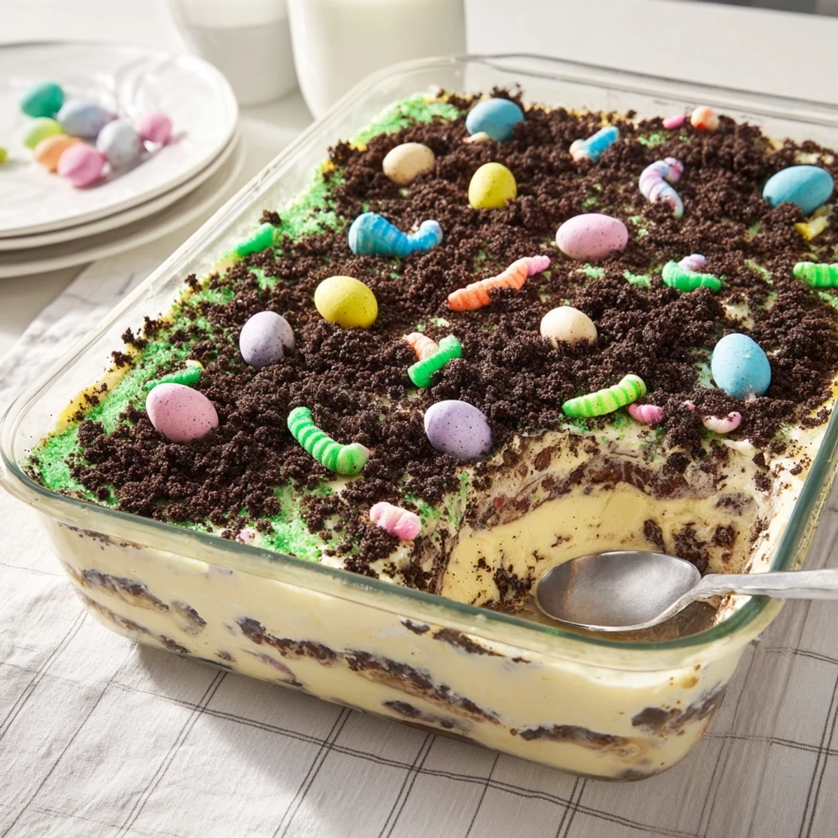 No-bake Easter Dirt Cake Casserole featuring smooth vanilla cream beneath chocolate cookie crumbs and playful worm decorations