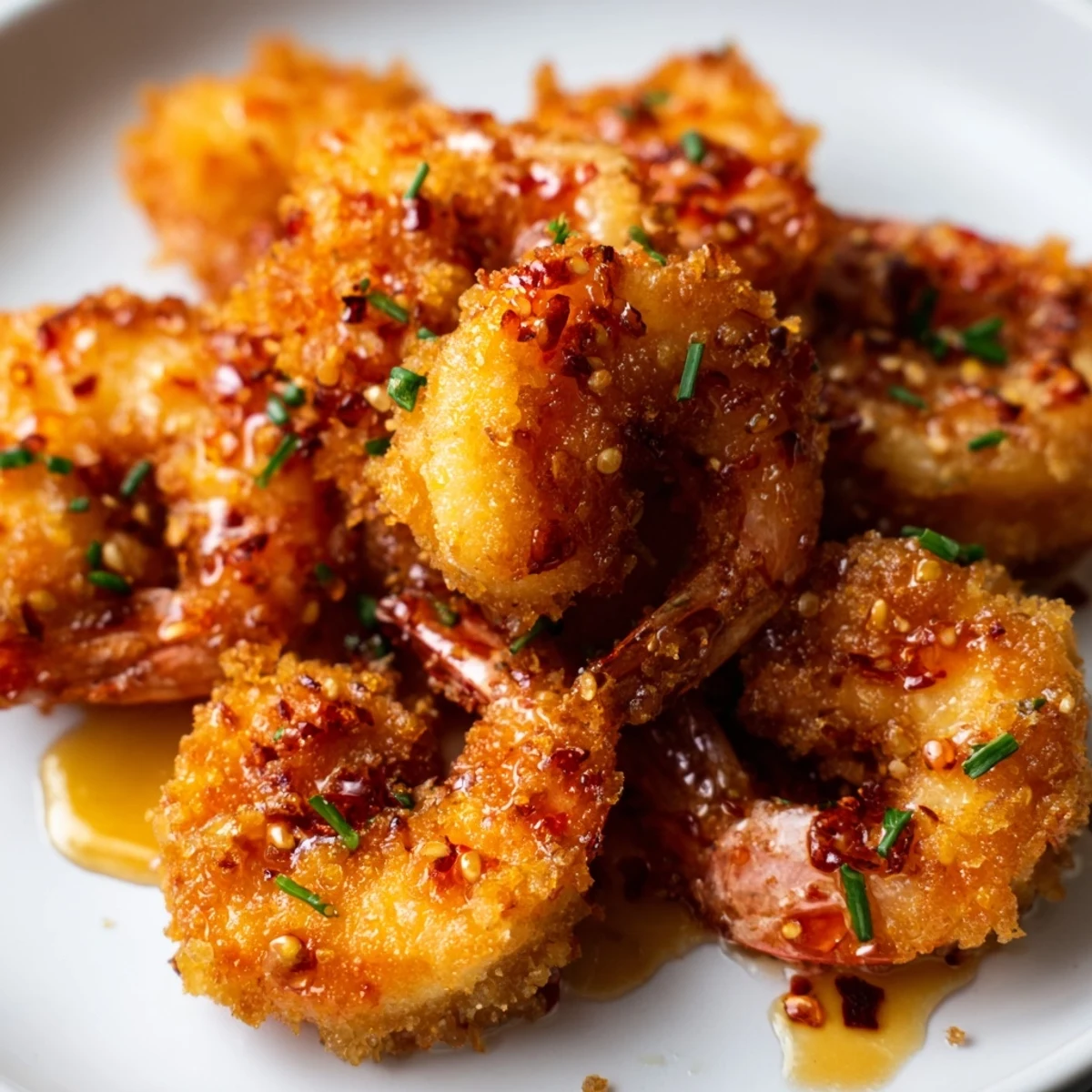 Golden crispy hot honey fried shrimp drizzled with spicy sweet glaze and fresh herbs