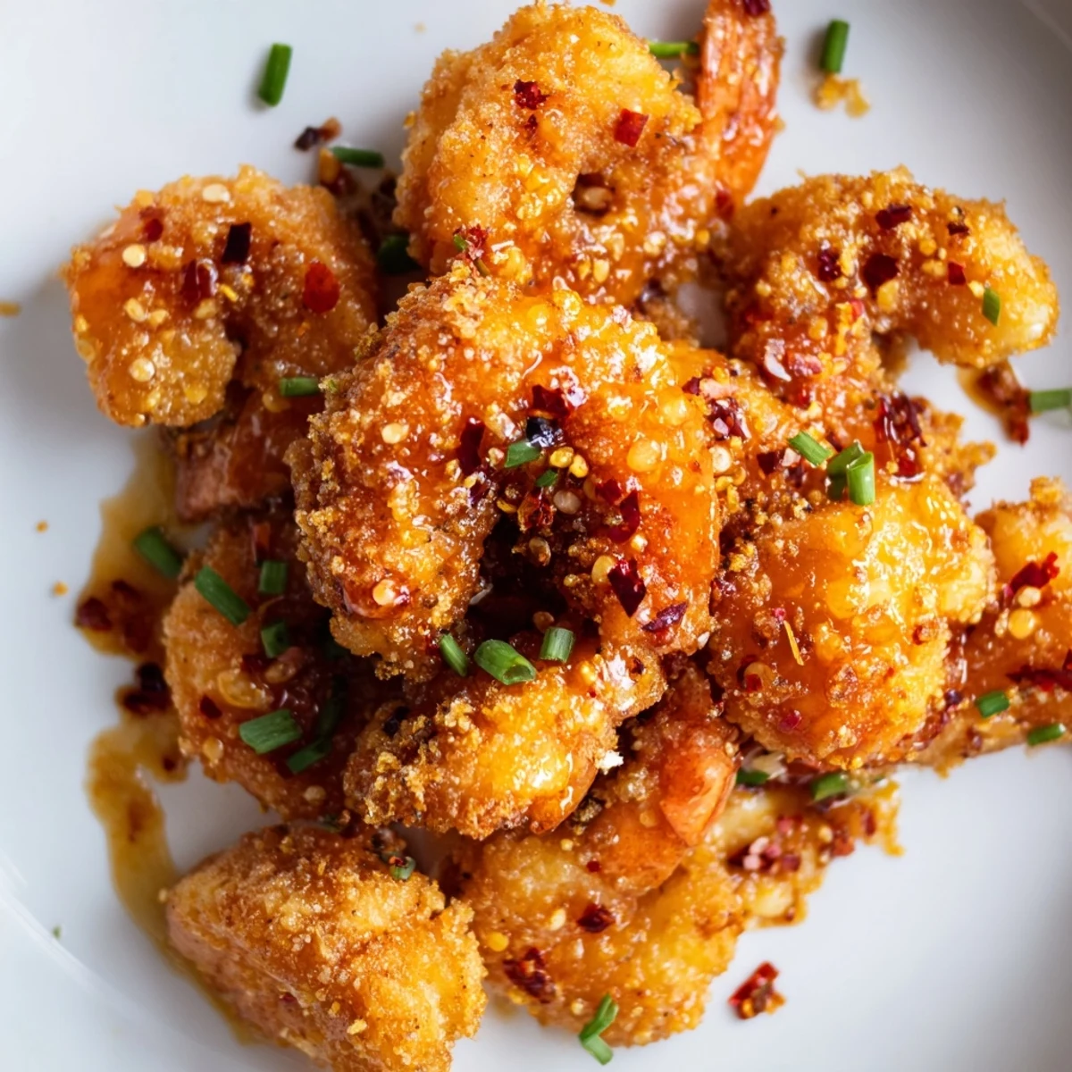 Plate of hot honey fried shrimp coated in sticky red honey sauce with lemon wedges