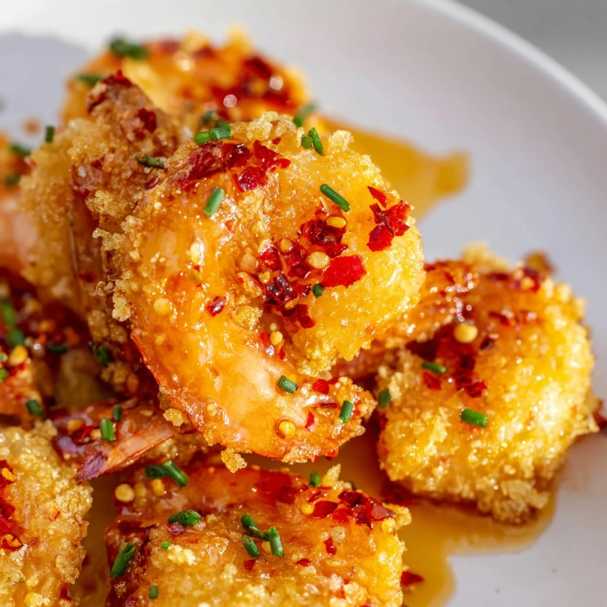 Crispy fried shrimp tossed in hot honey glaze garnished with chives on white platter