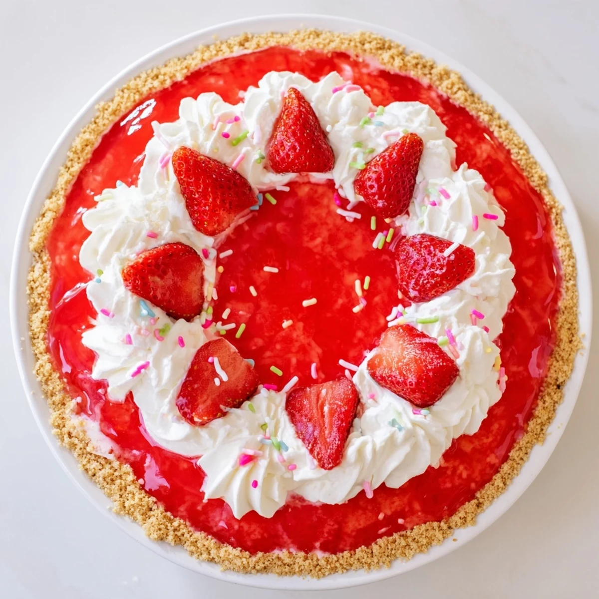 Easter No Bake Jello Pie featuring a vibrant strawberry layer atop creamy white filling in a golden graham cracker crust