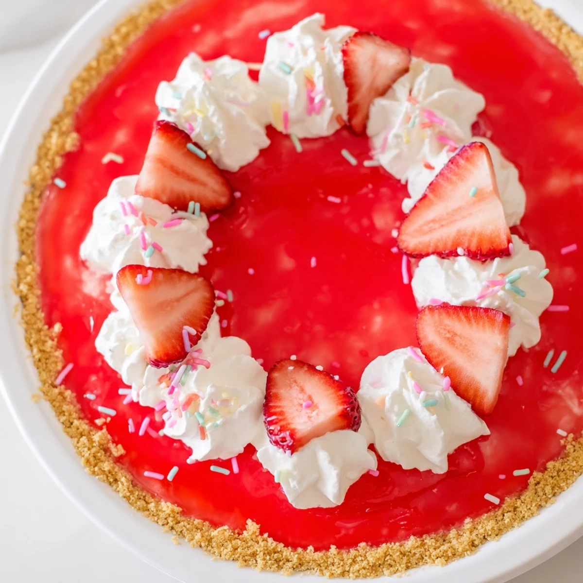 Creamy Strawberry Delight no bake pie topped with whipped cream and fresh sliced strawberries on a white serving plate